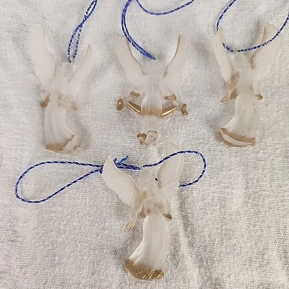 Vintage Christmas Ornaments Frosted Plastic Acrylic Gold Trim Angel's 4 Set